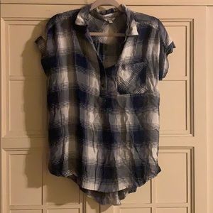 Blue plaid cap sleeve blouse